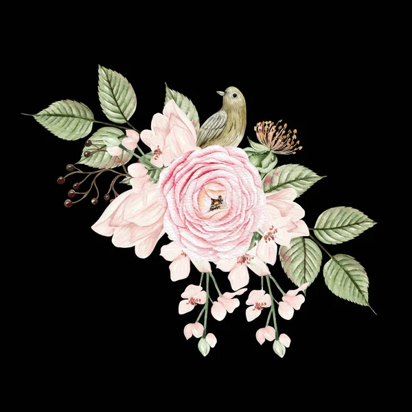 バラのヒップの花や葉 鳥と美しい水彩カード イラスト — ストック写真