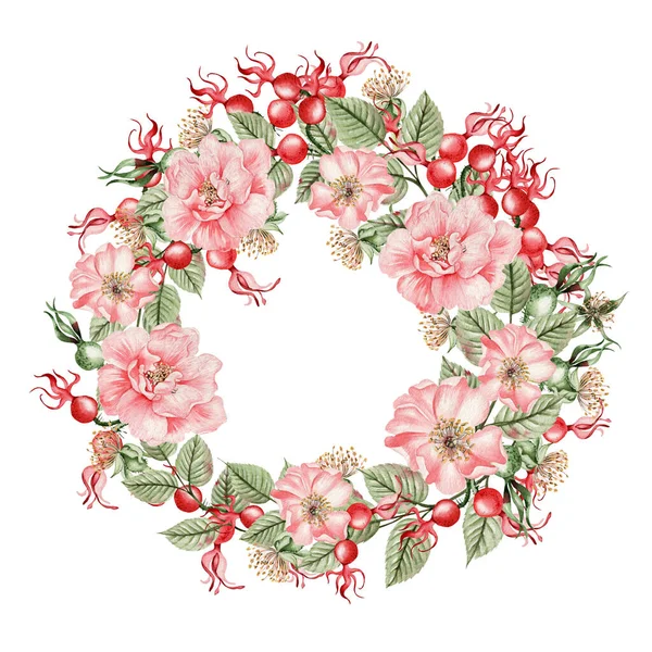 Piękny Akwarelowy Wieniec Różanymi Kwiatami Pączkami Ilustracja — Zdjęcie stockowe