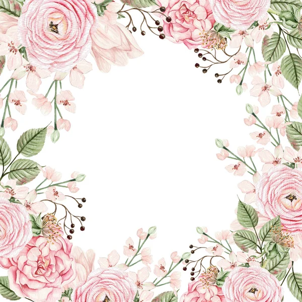 Hermosa Tarjeta Boda Acuarela Con Flores Primavera Color Rosa Brotes —  Fotos de Stock