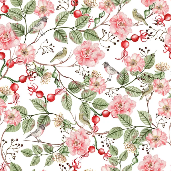 Piękny Akwarelowy Bezszwowy Wzór Różowymi Kwiatami Liśćmi Ilustracja — Zdjęcie stockowe