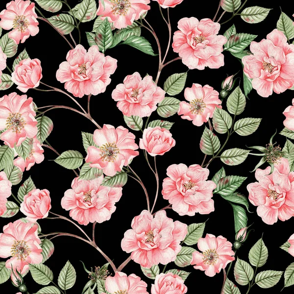 Schöne Aquarell Nahtlose Muster Mit Hagebuttenblüten Und Blättern Illustration — Stockfoto
