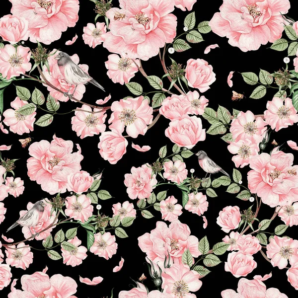 Padrão Sem Costura Aquarela Bonita Com Flores Rosa Quadril Folhas — Fotografia de Stock
