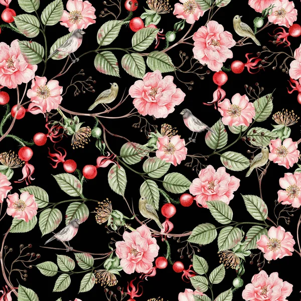 Krásná Akvarel Bezešvný Vzor Růží Kyčle Květiny Listy Ilustrace — Stock fotografie