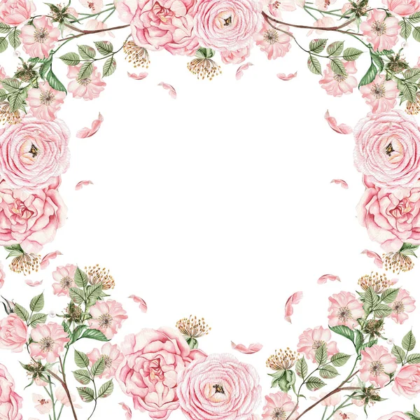 Piękna Akwarela Ślubna Różowymi Wiosennymi Kwiatami Pączkami Ilustracja — Zdjęcie stockowe