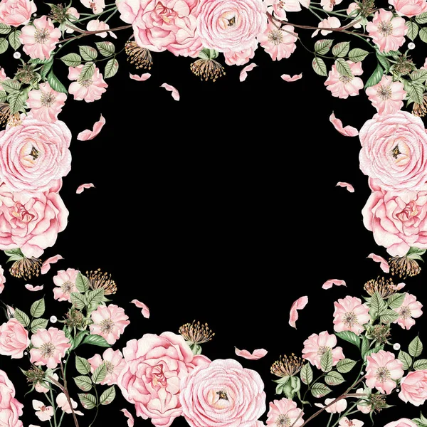Hermosa Tarjeta Boda Acuarela Con Flores Primavera Color Rosa Brotes —  Fotos de Stock