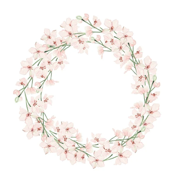 Όμορφο Στεφάνι Ακουαρέλας Ροζ Ανοιξιάτικα Λουλούδια Και Μπουμπούκια Εικονογράφηση — Φωτογραφία Αρχείου