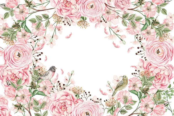Hermosa Tarjeta Boda Acuarela Con Flores Primavera Color Rosa Brotes — Foto de Stock