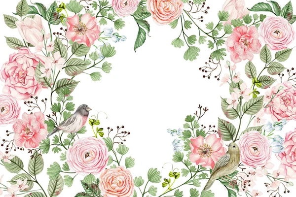 Piękna Akwarela Ślubna Różowymi Wiosennymi Kwiatami Pączkami Ilustracja — Zdjęcie stockowe