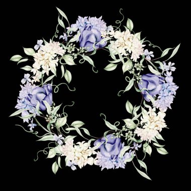 Sümbül, lale ve menekşe çiçekleriyle suluboya güzel bir çelenk. Görüntü.