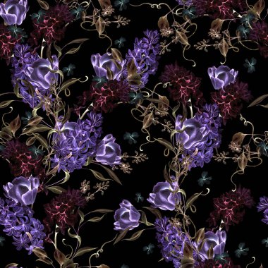 Sümbül, lale, menekşe gibi farklı çiçeklerden oluşan kusursuz bir suluboya deseni. Görüntü