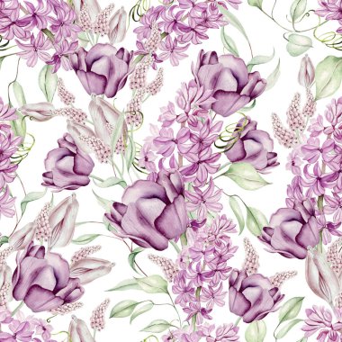 Sümbül, lale, menekşe gibi farklı çiçeklerden oluşan kusursuz bir suluboya deseni. Görüntü