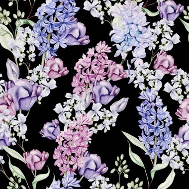 Sümbül, lale, menekşe gibi farklı çiçeklerden oluşan kusursuz bir suluboya deseni. Görüntü