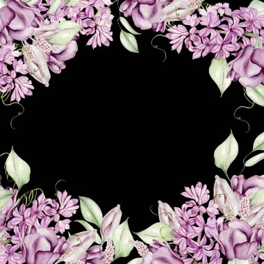 Farklı sümbül çiçekleri, laleler ve menekşeli güzel suluboya kartlar. Görüntü