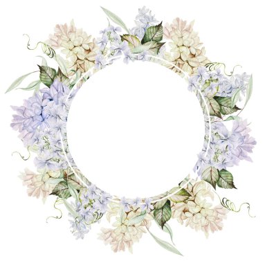 Sümbül, lale ve menekşe çiçekleriyle suluboya güzel bir çelenk. Görüntü