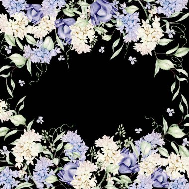 Farklı sümbül çiçekleri, laleler ve menekşeli güzel suluboya kartlar. Görüntü