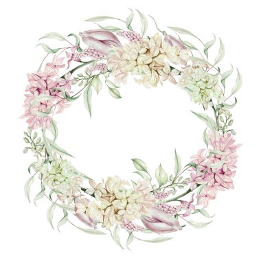 Sümbül, lale ve menekşe çiçekleriyle suluboya güzel bir çelenk. Görüntü