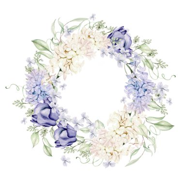 Sümbül, lale ve menekşe çiçekleriyle suluboya güzel bir çelenk. Görüntü