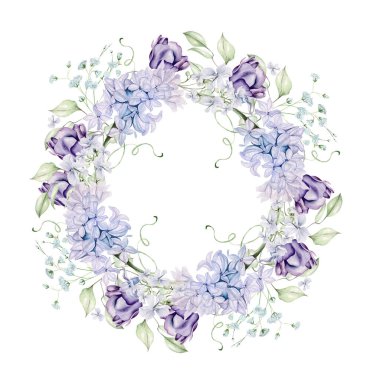 Sümbül, lale ve menekşe çiçekleriyle suluboya güzel bir çelenk. Görüntü