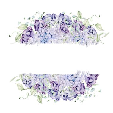 Sümbül, lale ve menekşe çiçekleriyle suluboya güzel bir çelenk. Görüntü