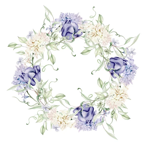 ヒヤシンス チューリップ バイオレットの異なる花で美しい柔らかい水彩画の花輪 イラスト — ストック写真
