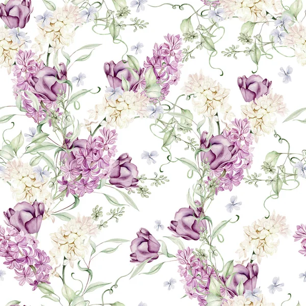 Belle Aquarelle Tendre Motif Sans Couture Avec Différentes Fleurs Jacinthe — Photo