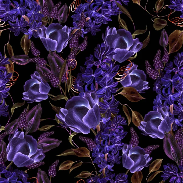 Gyönyörű Lágy Akvarell Zökkenőmentes Minta Különböző Virágok Jácint Tulipán Ibolya — Stock Fotó