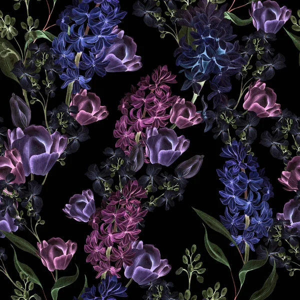 Krásný Jemný Akvarel Bezešvný Vzor Různými Květy Hyacintu Tulipánů Fialové — Stock fotografie
