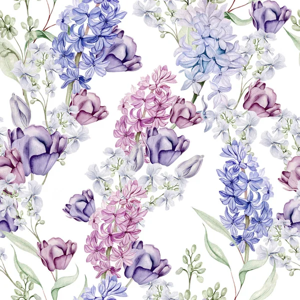 Prachtige Zachte Aquarel Naadloos Patroon Met Verschillende Bloemen Van Hyacint — Stockfoto