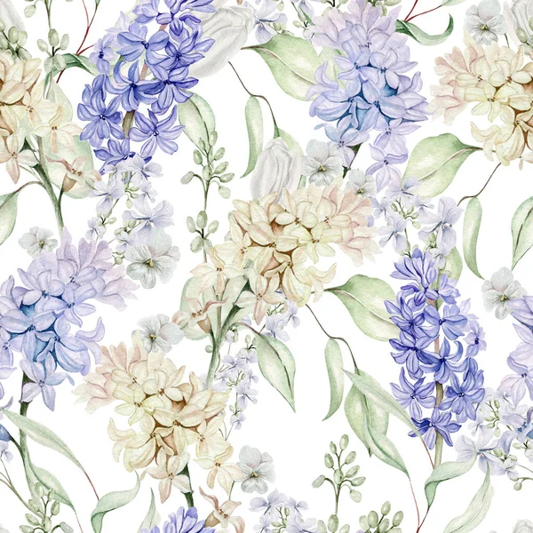 Belle Aquarelle Tendre Motif Sans Couture Avec Différentes Fleurs Jacinthe — Photo