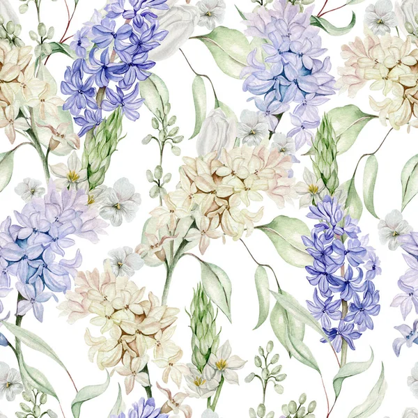 Belle Aquarelle Tendre Motif Sans Couture Avec Différentes Fleurs Jacinthe — Photo