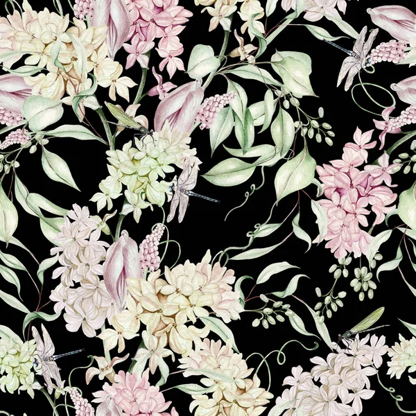 Prachtige Zachte Aquarel Naadloos Patroon Met Verschillende Bloemen Van Hyacint — Stockfoto