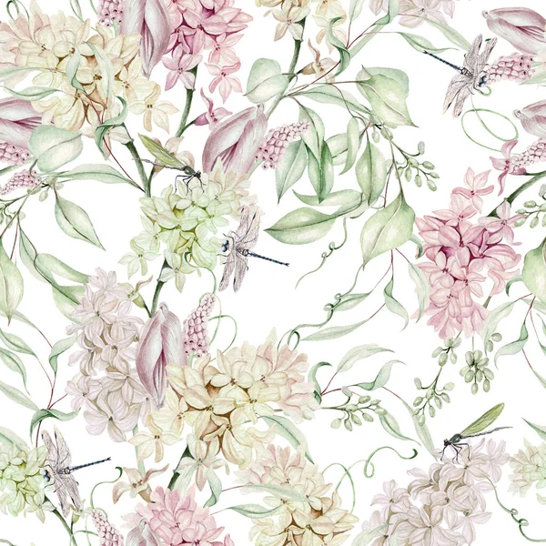 Belle Aquarelle Tendre Motif Sans Couture Avec Différentes Fleurs Jacinthe — Photo