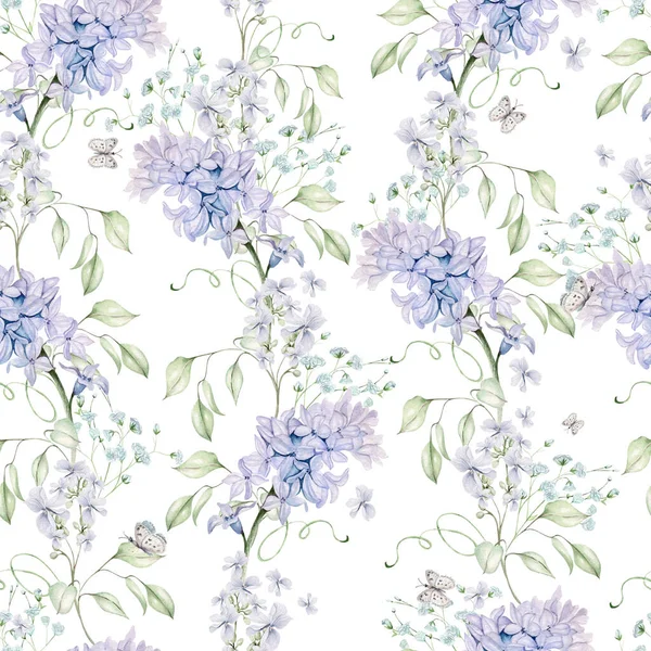 Belle Aquarelle Tendre Motif Sans Couture Avec Différentes Fleurs Jacinthe — Photo