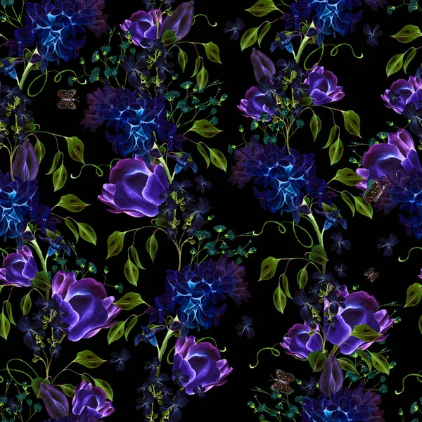 Красивий Ніжний Акварельний Безшовний Візерунок Різними Квітами Гіацинту Тюльпанів Фіолетового — стокове фото