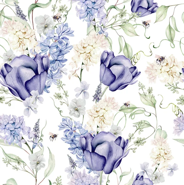 Όμορφη Τρυφερή Ακουαρέλα Αδιάλειπτη Μοτίβο Διαφορετικά Λουλούδια Υάκινθος Τουλίπες Βιολέτα — Φωτογραφία Αρχείου