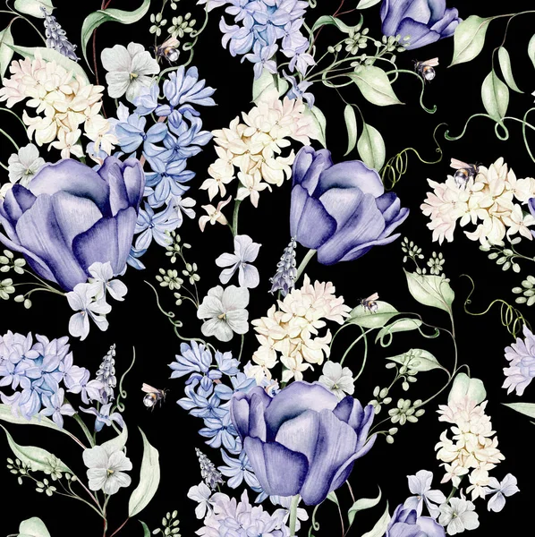 Красивий Ніжний Акварельний Безшовний Візерунок Різними Квітами Гіацинту Тюльпанів Фіолетового — стокове фото