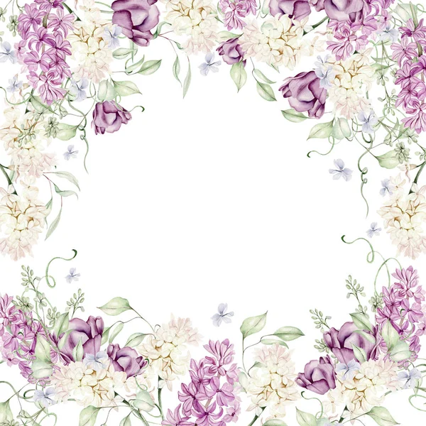 Belle Carte Aquarelle Tendre Avec Différentes Fleurs Jacinthe Tulipes Violette — Photo