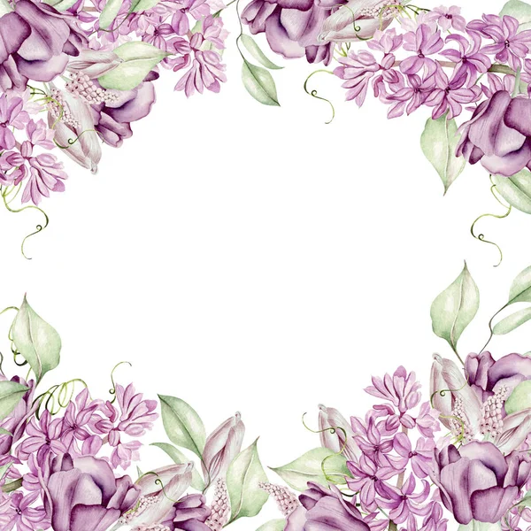 Hermosa Tarjeta Acuarela Tierna Con Diferentes Flores Jacinto Tulipanes Violeta — Foto de Stock