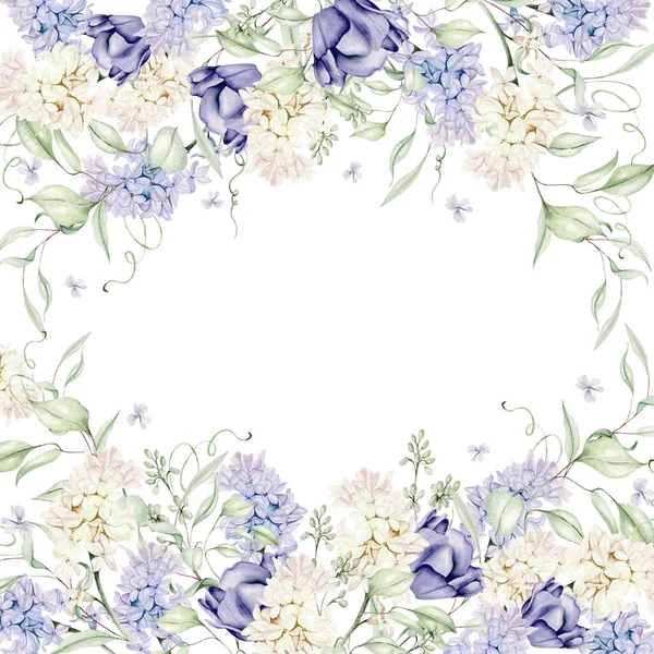 Schöne Zarte Aquarellkarte Mit Verschiedenen Blüten Von Hyazinthe Tulpen Veilchen — Stockfoto