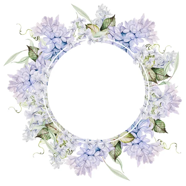 Beautiful Tender Watercolor Wreath Different Flowers Hyacinth Tulips Violet Illustration — Stock Photo, Image