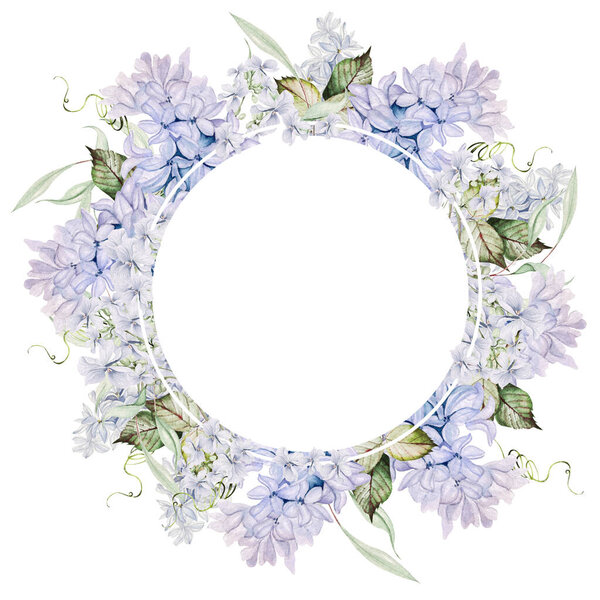 Beautiful tender  watercolor wreath with different flowers of hyacinth, tulips, violet. Illustration