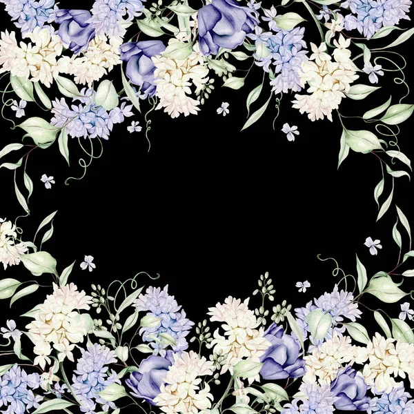 Farklı sümbül çiçekleri, laleler ve menekşeli güzel suluboya kartlar. Görüntü