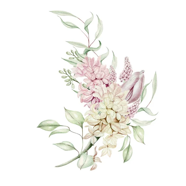Gyönyörű Lágy Akvarell Csokor Különböző Virágok Jácint Tulipán Ibolya Illusztráció — Stock Fotó