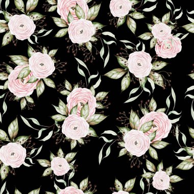 Çiçekler ve yapraklarla suluboya kusursuz desen, illüstrasyon