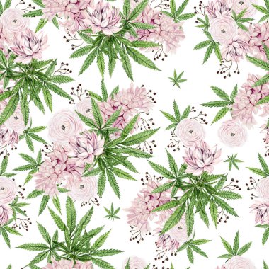 Farklı çiçekler ve kenevirlerle suluboya desenleri çok güzel. Görüntü