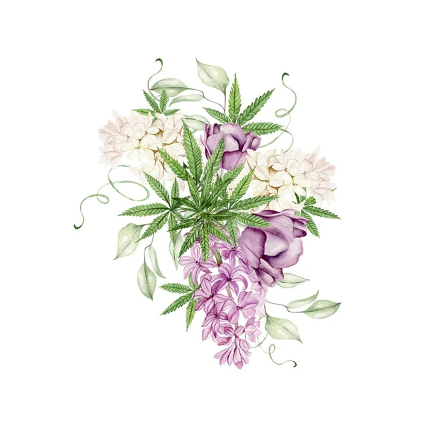 Schönes Zartes Aquarell Bouquet Mit Verschiedenen Blumen Und Cannnabis Illustration — Stockfoto