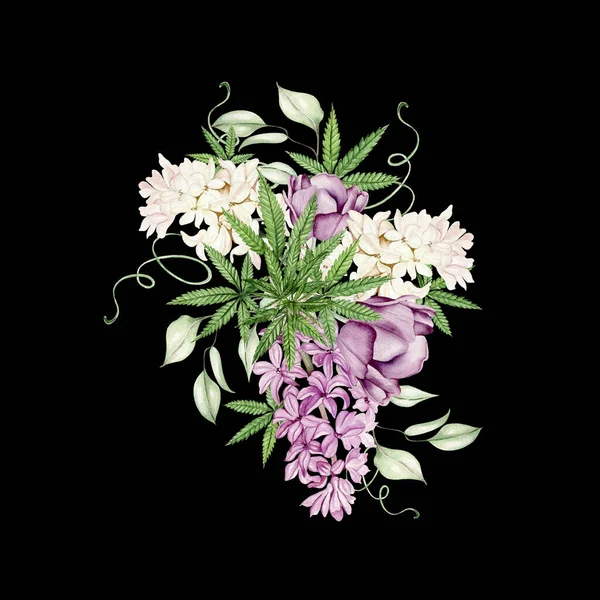 Schönes Zartes Aquarell Bouquet Mit Verschiedenen Blumen Und Cannnabis Illustration — Stockfoto