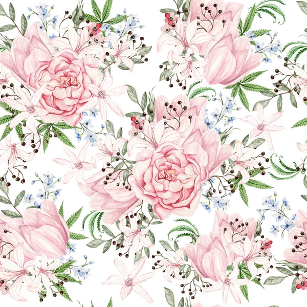 Beautiful Tender Watercolor Pattern Different Flowers Cannnabis Illustration — Stock Photo, Image