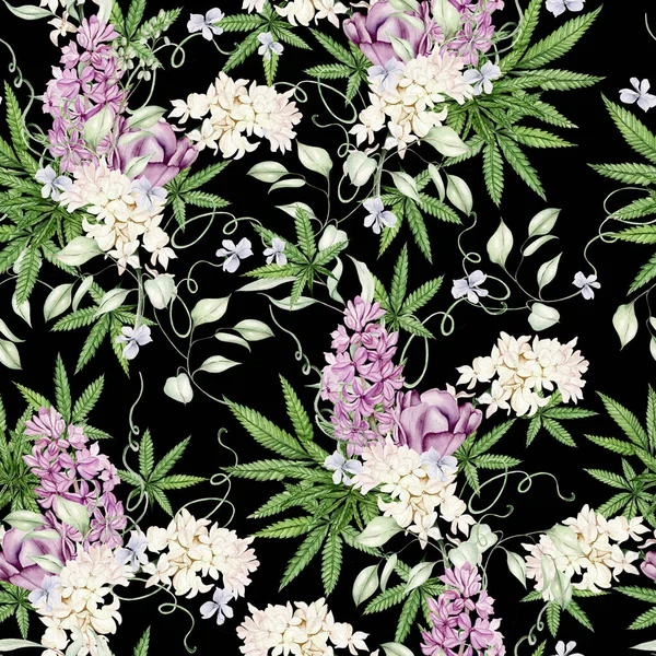 Hermoso Patrón Acuarela Tierna Con Diferentes Flores Cannnabis Ilustración —  Fotos de Stock