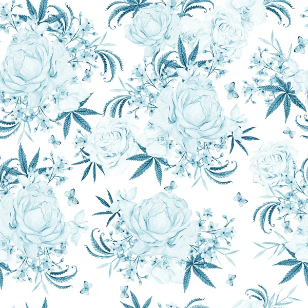 異なる花や大麻と美しい柔らかい水彩パターン イラスト — ストック写真